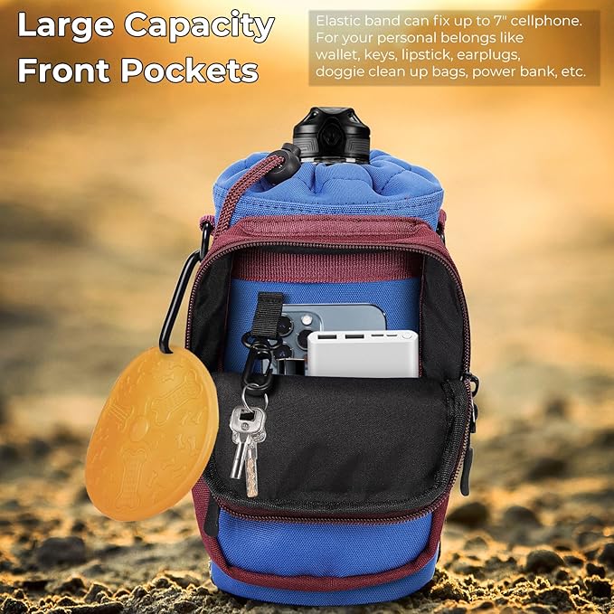 Nuovoware Water Bottle Carrier, 40oz Bottle Carrier Sports Insulated Water Bottle Holder with Adjustable Shoulder Strap, 2 Pockets Flask Sling Bag Drawstring Pouch for Climbing Hiking Walking