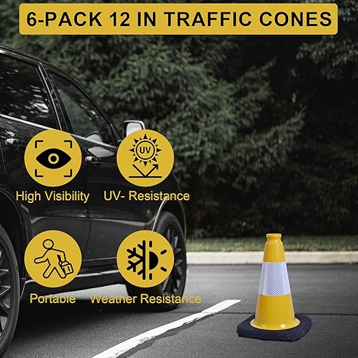 OrangeStar 6-Pack 12" Traffic Cones, Weighted Safety Cones with Reflective Collar for Driving Practice, Sports Training, Parking Lots & Construction, Indoor & Outdoor Use, Yellow