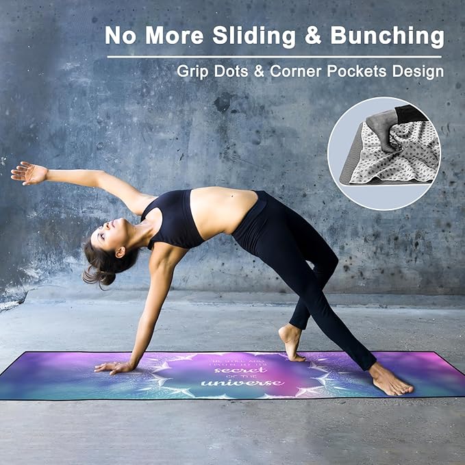 Colorful Star Yoga Towel with Corner Pockets, Non Slip Grip Dots Sweat Absorbent Hot Yoga Mat Towels, Yoga Blankets with Travel Bag, Mat Cover for Workout, Gym, Fitness - 70"x26", Purple Blue Lotus