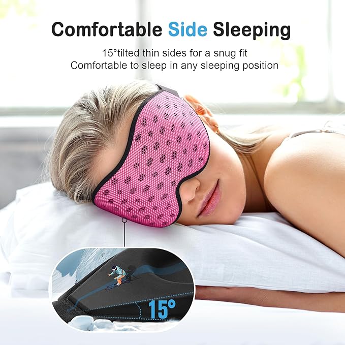 LitBear Breathable Sleep Mask, 3D Eye Mak Sleep for Side Sleepers Women Men, Light Blocking Sleeping Mask with Adjustable Strap, Soft Lightweight Eye Cover for Travel, Night Work, Nap, Office - Pink