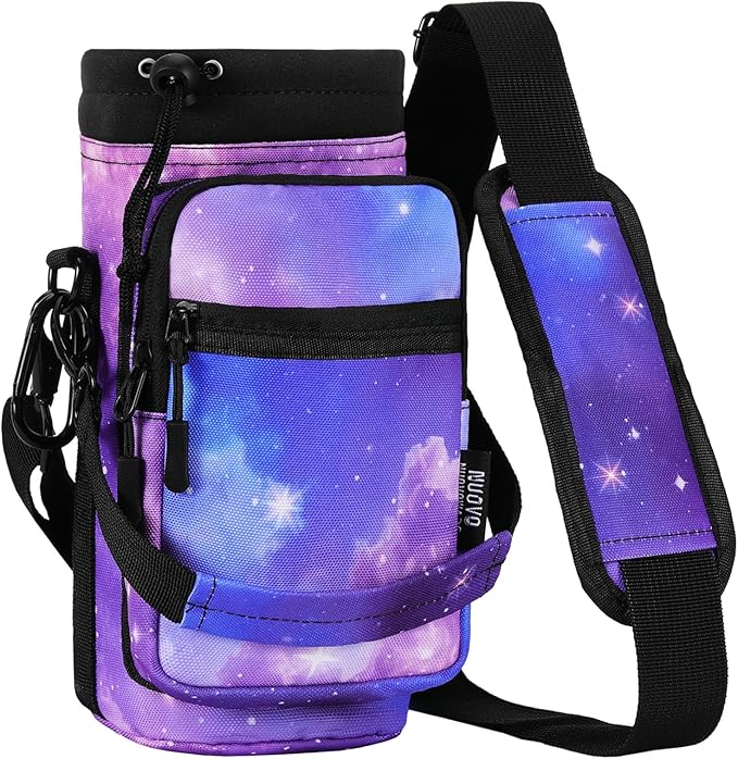 Nuovoware Water Bottle Carrier, 40oz Bottle Carrier Sports Insulated Water Bottle Holder with Adjustable Shoulder Strap, 2 Pockets Flask Sling Bag Drawstring Pouch for Climbing Hiking Walking