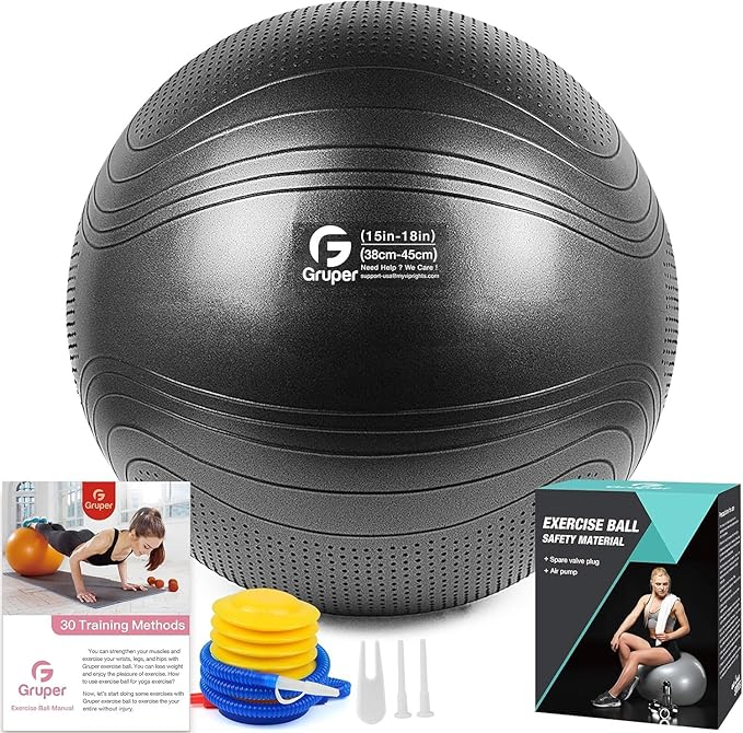 Gruper Yoga Ball, 18-30 Inch Extra Thick Exercise Ball for Workout Fitness Balance, Anti Burst Chair for Home and Office Desk, Includes Hand Pump & Workout Guide Access