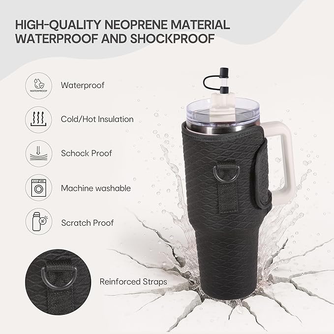 &And Per Se Water Bottle Carrier Bag, 30oz Water Bottle Holder with Detachable Phone Pocket, Food-Grade Straw Cover, Bag Charm and Adjustable Shoulder Strap (Black)