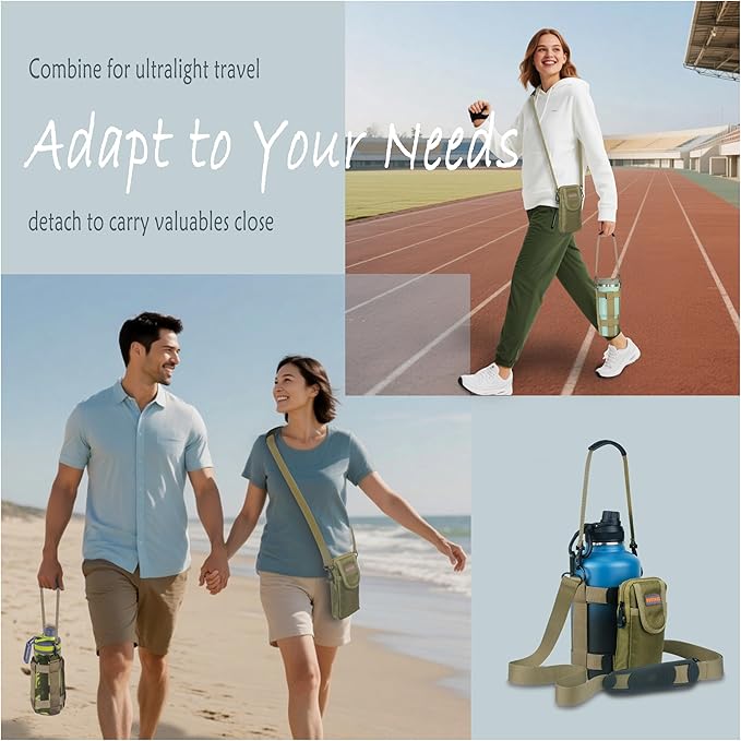 MOLLE Water Bottle bag - Bottle Holder Carrier Sling with Strap for Walking - Manual Strap Adjustment for Precise Fit of Most 18-64 oz Bottles (Check Size Fit Guide), Khaki