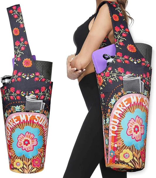 Fashion Printed Yoga Mat Bag with Large Side Pocket & Zipper Pocket Long Tote Yoga Bag Fit Most Size Mats - Holds More Yoga Accessories
