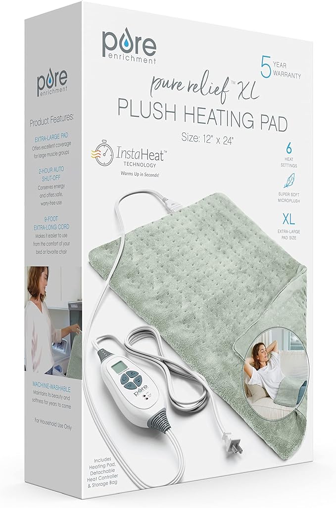 Pure Enrichment PureRelief XL Heating Pad - 12" x 24" Electric Heating Pad for Back Pain & Cramps, 6 Heat Settings, FSA/HSA Eligible, Soft Machine Wash Fabric, Auto-Off & Moist Heat (Zen Green)