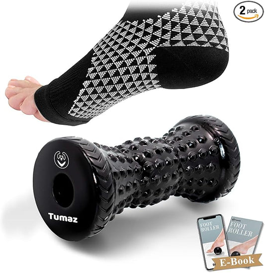 Tumaz Foot Compression Sleeves & Foot Roller Set for Women & Men - Plantar Fasciitis Compression Socks for Improving Blood Circulation, Foot Pain Relief, Edema (Black)