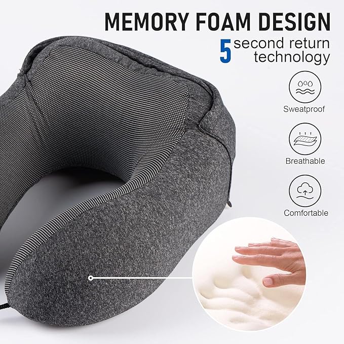 SKYANA Travel Pillow 100% Pure Memory Foam Neck Pillow, Comfortable & Breathable Cover, Machine Washable, Airplane Travel Kit with 3D Contoured Eye Masks, Earplugs, and Luxury .Dark Gray.