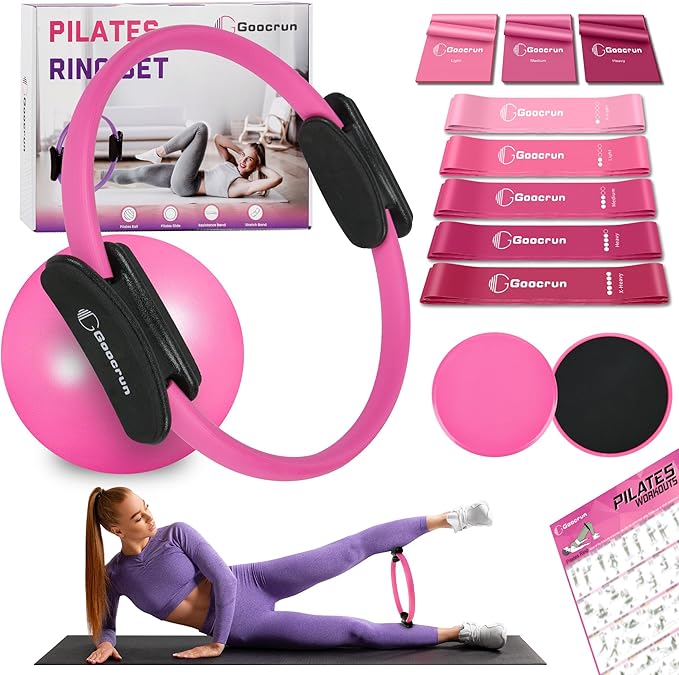 Pilates Ring Set with Resistance Bands Set, Pilates Ball, Sliding Disks – Workout Equipment Home Gym Includes Complete Fitness Poster