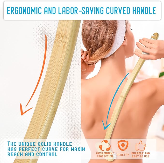 22" Oversized Back Scratcher, Bamboo Body Scratcher for Men and Women, Curved Backscratcher with Long Handle and Wide Nylon Brush Head for Itching Relief, Great for Elders, Pregnant Women