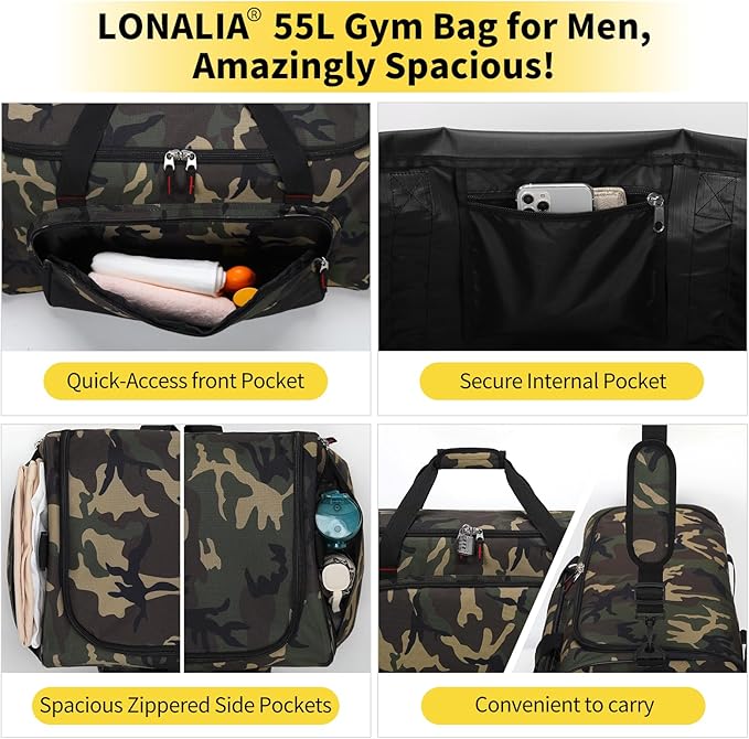 55L Large Sports Duffle Bag for Men - 22 inch Men's Gym Bag Heavy Duty Duffel Bag (Camo)