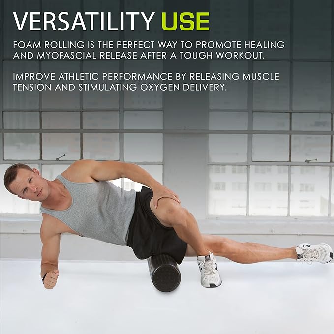 ProsourceFit High Density Foam Rollers 12 - inches Long, Firm Full Body Athletic Massage Tool for Back Stretching, Yoga, Pilates, Post Workout Muscle Recuperation, Black/Blue