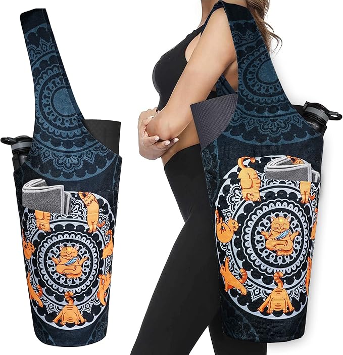 Fashion Printed Yoga Mat Bag with Large Side Pocket & Zipper Pocket Long Tote Yoga Bag Fit Most Size Mats - Holds More Yoga Accessories