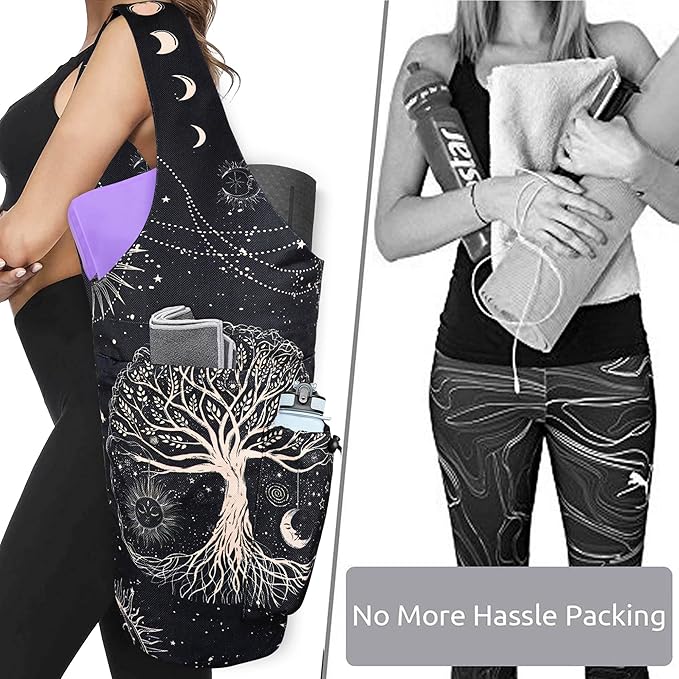 Yoga Mat Bag - Large Opening Long Tote Yoga Mat Carrier Holder Bag with Waterproof Wet Zipper Pocket and Drawstring Water Bottle Pocket - Yoga Bag Fit Most Size Mats