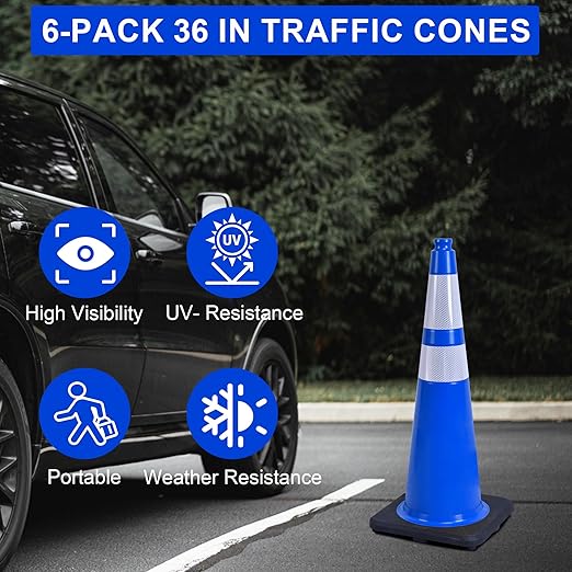 OrangeStar 36" Traffic Cones 6-Pack Blue Safety Cones with Reflective Collars, Heavy Duty Base for Construction, Parking Lot, Road Work, Flexible PVC, Indoor & Outdoor Use