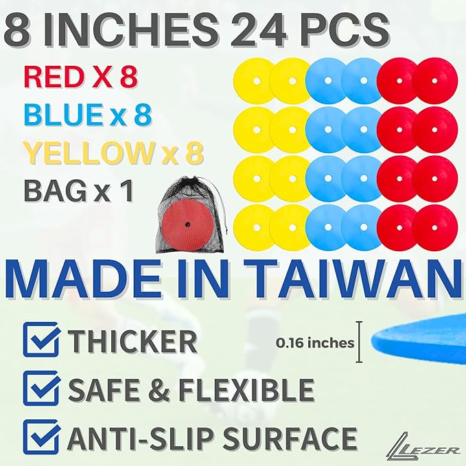 LEZER 6 Inch 8 Inch Flat Cones, Spot Markers, Soccer Cones, Field Court Markers, Sit Spots, Flat Discs, Soccer Training Equipment, Agility Practice, Football, Made in Taiwan