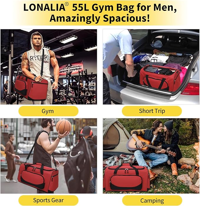 55L Large Gym Duffle Bag for Men - 22 inch Men's Sports Bag Heavy Duty Duffel Bag（Red)