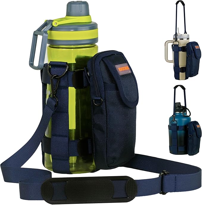 Water Bottle Carrier with Strap - MOLLE Bottle Holder Sling for Walking - Manual Strap Adjustment for Precise Fit of Most 18-64 oz Bottles (Check Size Fit Guide), Blue