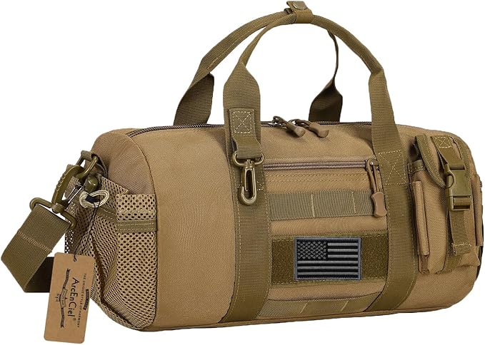 ArcEnCiel Small Tactical Duffle Bag Men Gym Pack Military Molle Shoulder Bags Shoes Storage Sports Handbag with Patch (Coyote Brown)