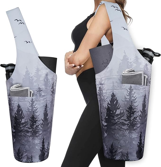 Fashion Printed Yoga Mat Bag with Large Side Pocket & Zipper Pocket Long Tote Yoga Bag Fit Most Size Mats - Holds More Yoga Accessories