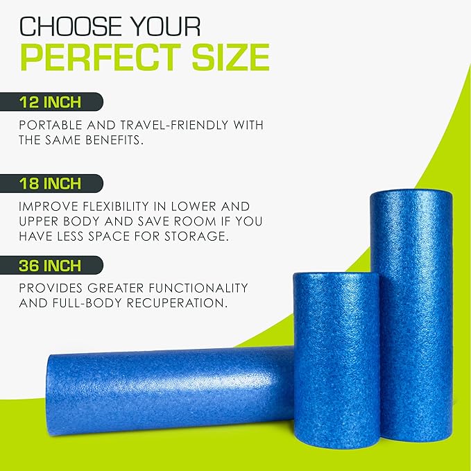 ProsourceFit High Density Foam Rollers 12 - inches Long, Firm Full Body Athletic Massage Tool for Back Stretching, Yoga, Pilates, Post Workout Muscle Recuperation, Black/Blue