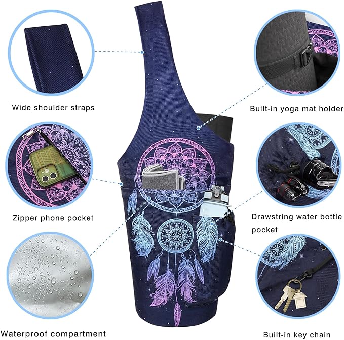Yoga Mat Bag - Large Opening Long Tote Yoga Mat Carrier Holder Bag with Waterproof Wet Zipper Pocket and Drawstring Water Bottle Pocket - Yoga Bag Fit Most Size Mats
