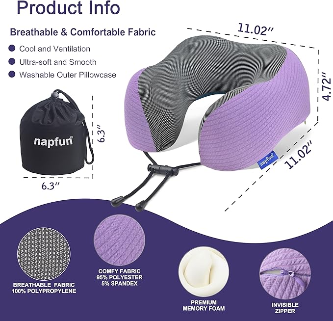 napfun Neck Pillow for Traveling, Upgraded Travel Neck Pillow for Airplane 100% Pure Memory Foam Travel Pillow for Flight Headrest Sleep, Portable Plane Accessories, Striped Light Purple Set