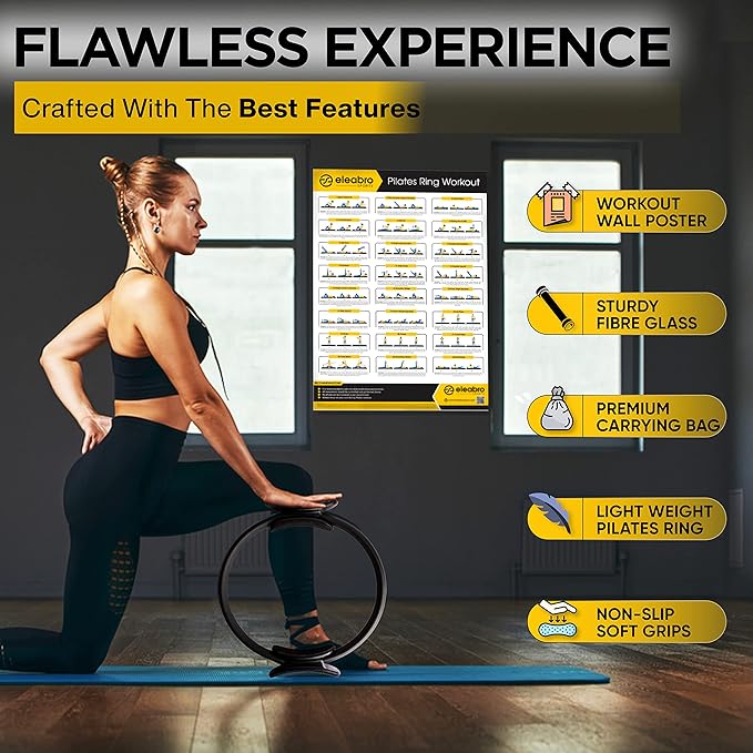 Eleabro Sports 14 inch Pilates Ring Circle - Magic Circle -with A1 Size Workout Poster, Inner Thigh Exercise Ring, Ideal for All Heights-Yoga Ring Fitness Ring with Soft Handles