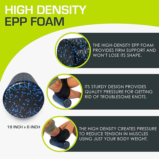 ProsourceFit High Density Foam Rollers 12 - inches Long, Firm Full Body Athletic Massage Tool for Back Stretching, Yoga, Pilates, Post Workout Muscle Recuperation, Black/Blue