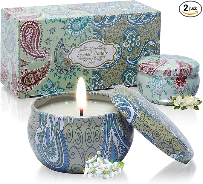 Candles Gifts for Women, 2 Pack 2.5 oz Fresh Gardenia and Jasmine Scented Candles Set for Relaxing Aromatherapy, Up to 24 Hours Burning Time, Natural Soy Candles Gifts for Christmas