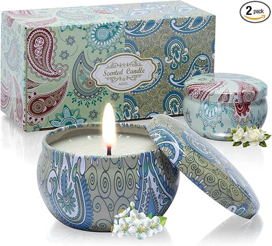 Candles Gifts for Women, 2 Pack 2.5 oz Fresh Gardenia and Jasmine Scented Candles Set for Relaxing Aromatherapy, Up to 24 Hours Burning Time, Natural Soy Candles Gifts for Christmas