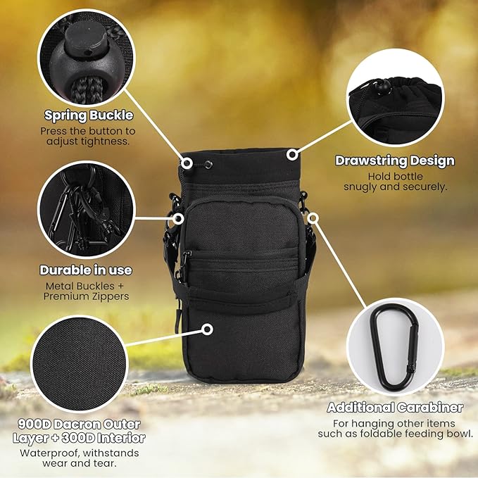 Nuovoware Water Bottle Carrier, 40oz Bottle Carrier Sports Insulated Water Bottle Holder with Adjustable Shoulder Strap, 2 Pockets Flask Sling Bag Drawstring Pouch for Climbing Hiking Walking