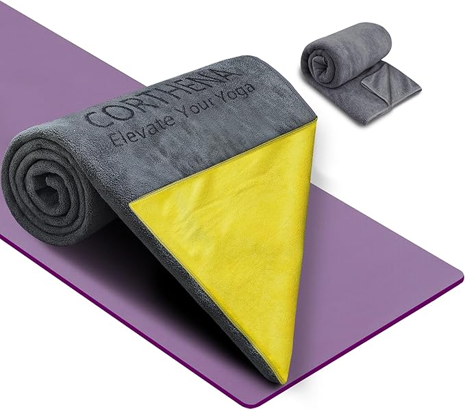 Hot Yoga Towel Set, 600GSM Yoga Mat Towel Extra Thick Dual-Color Microfiber, Soft Non-Slip Sweat Absorbent, 72" x 27.5" with Matching Hand Towel for Hot Yoga, Pilates, Fitness, Grey/Yellow