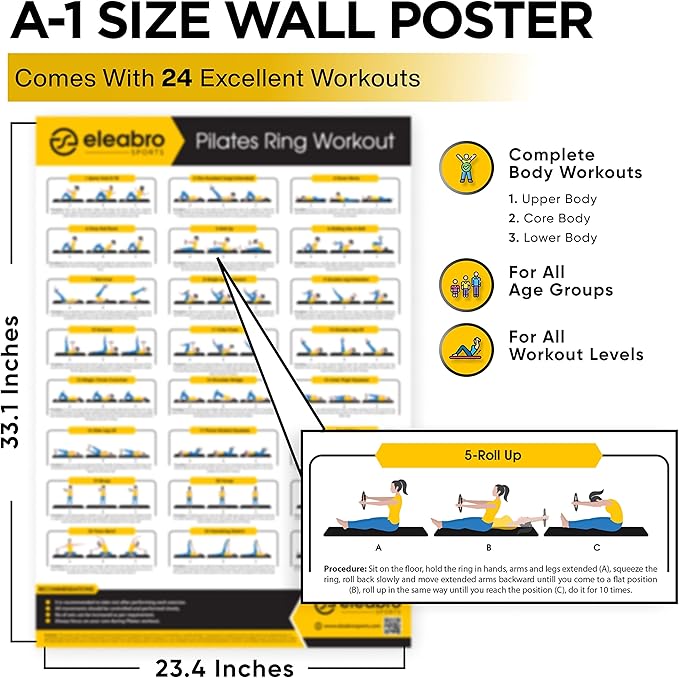 Eleabro Sports 14 inch Pilates Ring Circle - Magic Circle -with A1 Size Workout Poster, Inner Thigh Exercise Ring, Ideal for All Heights-Yoga Ring Fitness Ring with Soft Handles