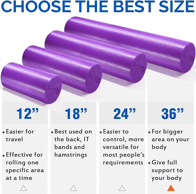 Yes4All Medium Firm Round PE Foam Roller 12, 18, 24, 36 Inches for Pilates, Yoga, Stretching, Balance & Core Exercises