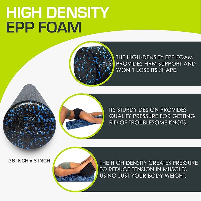 ProsourceFit High Density Foam Rollers 12 - inches Long, Firm Full Body Athletic Massage Tool for Back Stretching, Yoga, Pilates, Post Workout Muscle Recuperation, Black/Blue