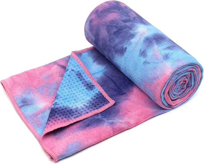 Eunzel Hot Yoga Towel - Microfiber Non Slip Yoga Mat Towel with Grip Dot Sweat Absorbent Towel for Hot Yoga, Pilates and Fitness 72" x 24", Purple & Blue/Pink