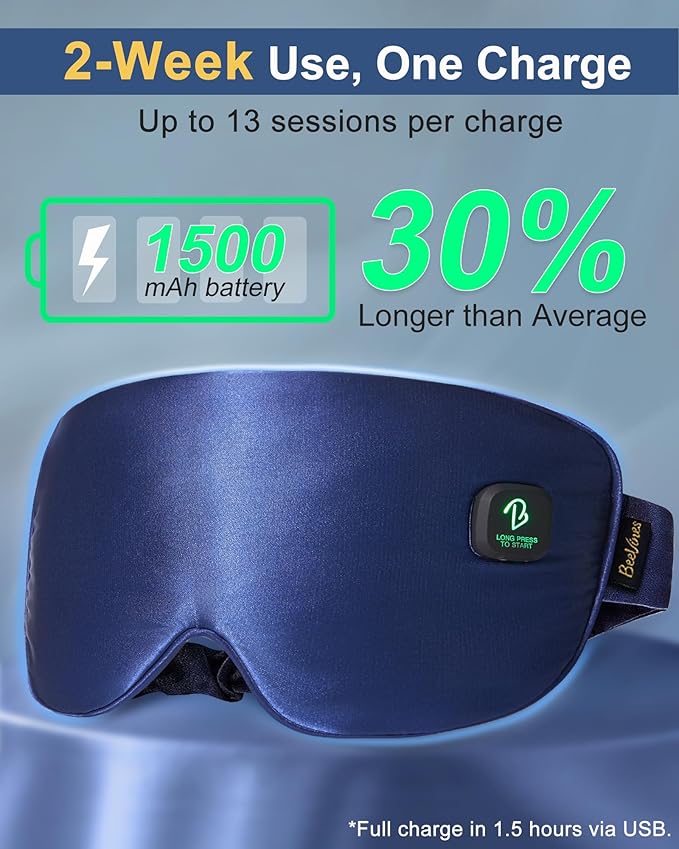 BeeVines Cordless Heated Eye Mask, Electric Heat Eye Masks for Dry Eyes, Light Blocking Warm Compress for Women Men, Rechargeable Eye Warmer with Travel Pouch & Washable Cover(Blue)