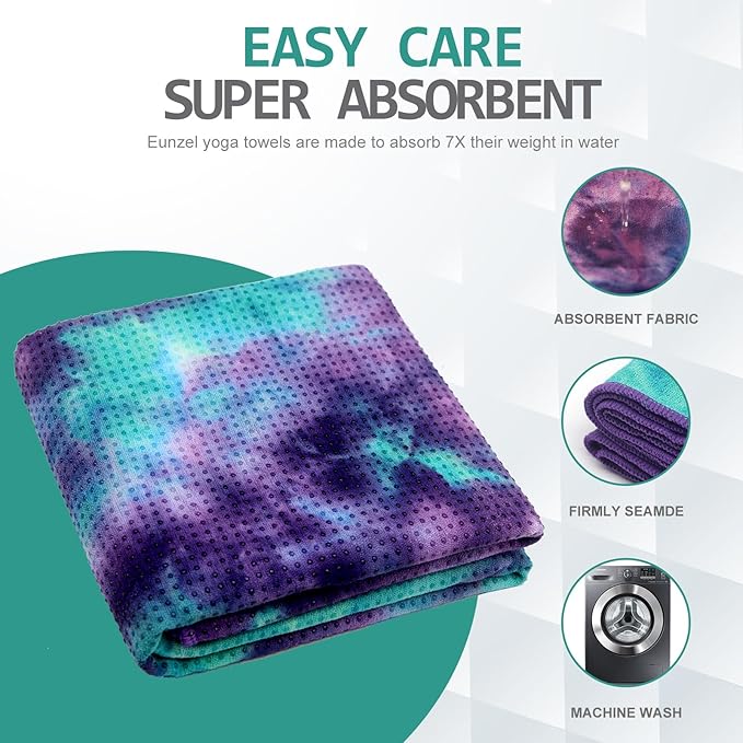 Eunzel Hot Yoga Towel - Microfiber Non Slip Yoga Mat Towel with Grip Dot Sweat Absorbent Towel for Hot Yoga, Pilates and Fitness 72" x 24", Green & Purple/Purple