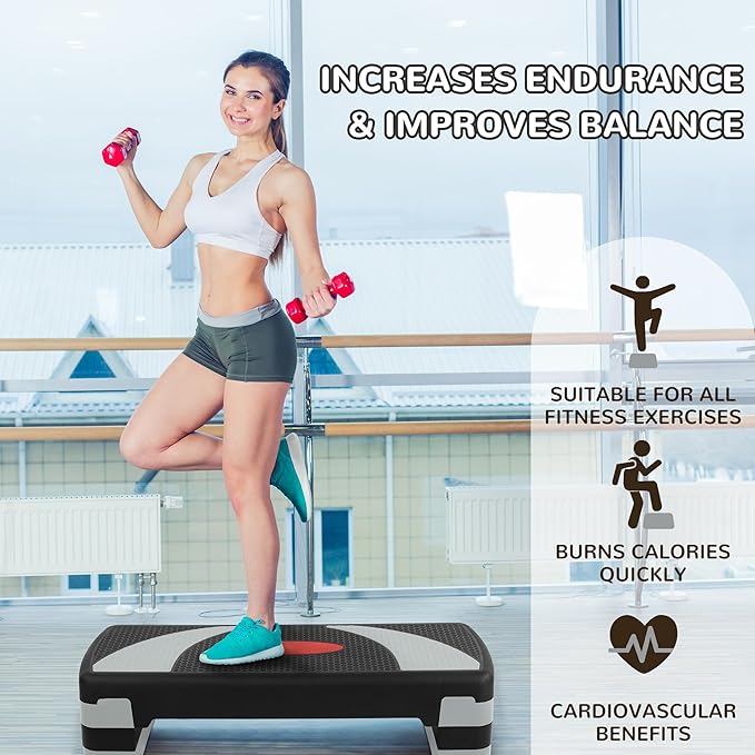 Fitvids Fitvids Step Aerobic Platform, 31" Exercise Step with 3 levels Adjustable Height, 4 Stackable Risers, Fitness Training Workout Stepper for Home Gym, Cardio Strength