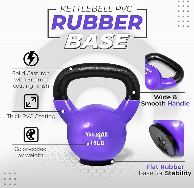Yes4All Kettlebells Rubber Base, Kettlebell Set for Women, Strength Training Kettlebells Weights (10-65 lbs)