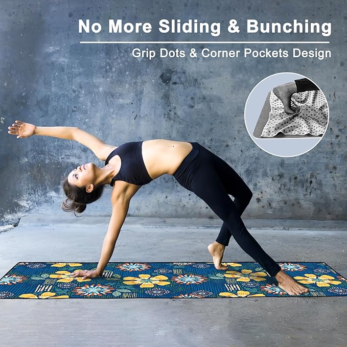 Colorful Star Yoga Towel with Corner Pockets, Non Slip Grip Dots Sweat Absorbent Hot Yoga Mat Towels, Yoga Blankets with Travel Bag, Mat Cover for Workout, Gym, Fitness - 70"x26", Blue Yellow Flowers