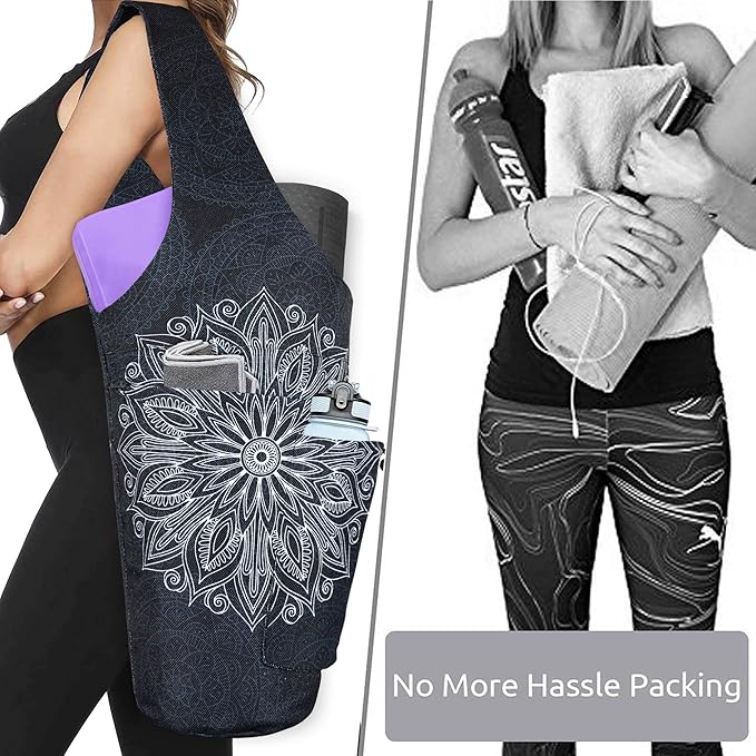 Yoga Mat Bag - Large Opening Long Tote Yoga Mat Carrier Holder Bag with Waterproof Wet Zipper Pocket and Drawstring Water Bottle Pocket - Yoga Bag Fit Most Size Mats