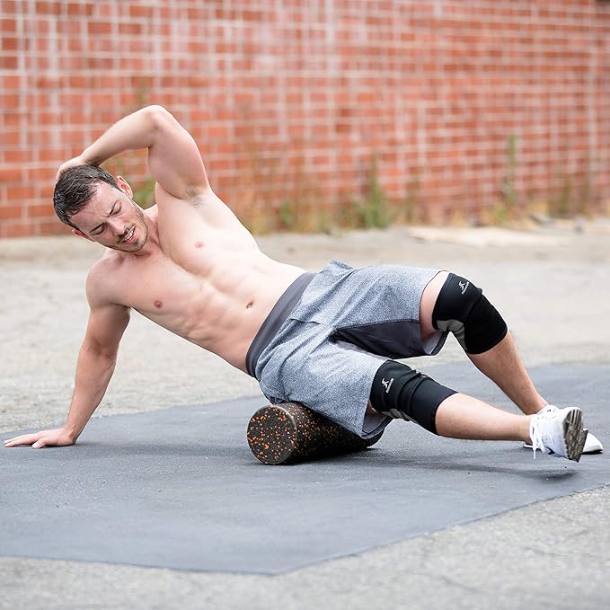 ProsourceFit High Density Foam Rollers 12 - inches Long, Firm Full Body Athletic Massage Tool for Back Stretching, Yoga, Pilates, Post Workout Muscle Recuperation, Black/Blue