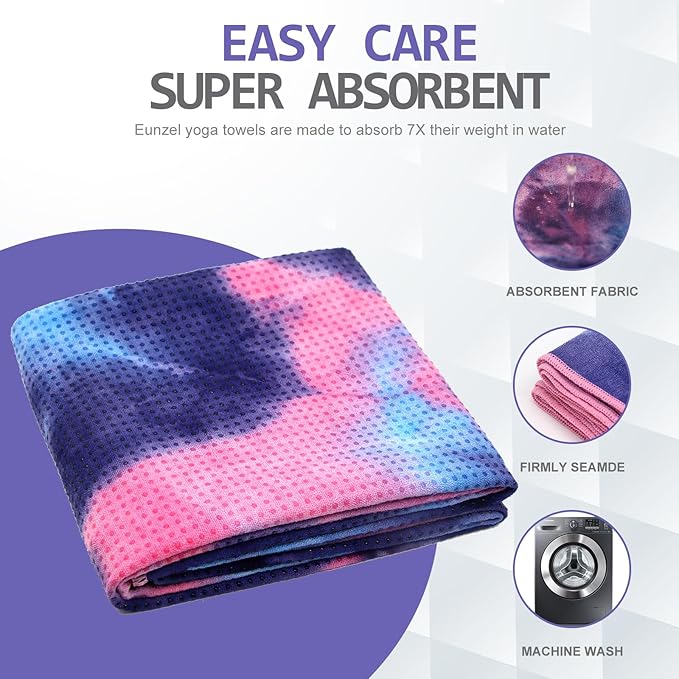 Eunzel Hot Yoga Towel - Microfiber Non Slip Yoga Mat Towel with Grip Dot Sweat Absorbent Towel for Hot Yoga, Pilates and Fitness 72" x 24", Purple & Blue/Pink