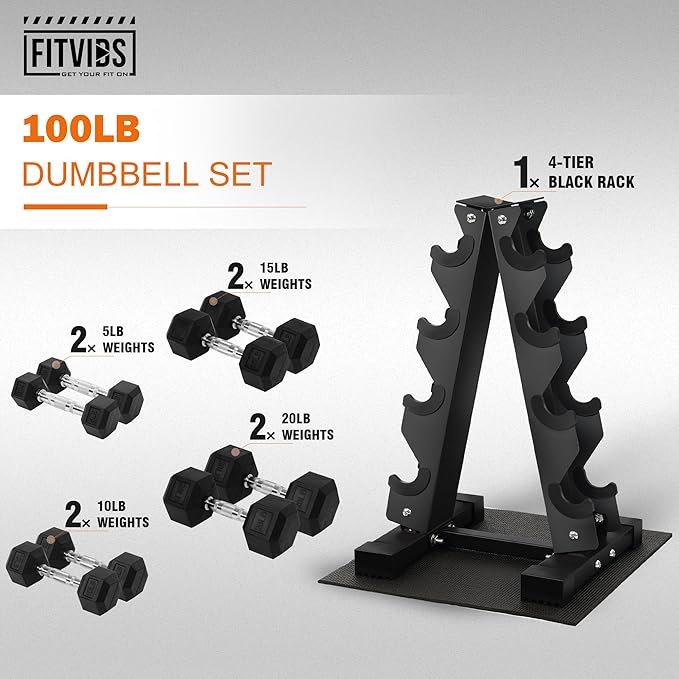 Fitvids Rubber Coated Hex Dumbbell Weight Set and Storage Rack, 100LB Set or 150LB Set, 5-20 lbs Pairs or 5-25 lbs Pairs