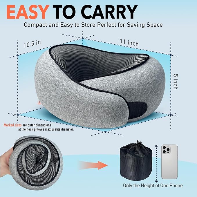 Travel Pillow | High-Density Memory Foam Pillow with 360° Surround Support. Ergonomically Designed. Ideal for Airplane Travel and Home Use.