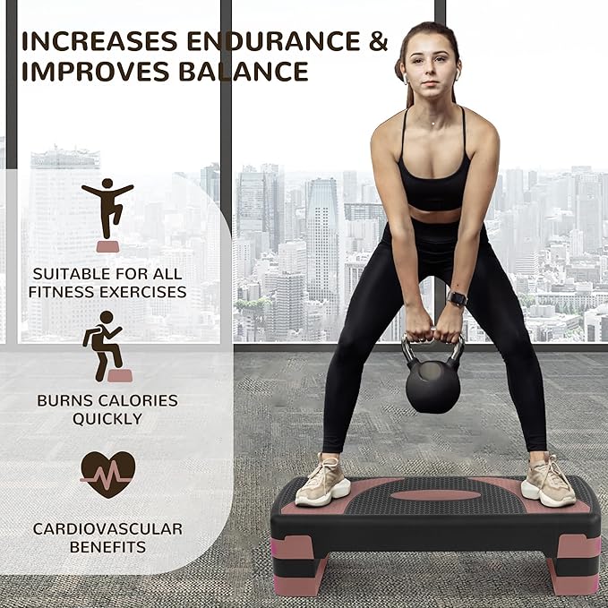 Fitvids Fitvids Step Aerobic Platform, 31" Exercise Step with 3 levels Adjustable Height, 4 Stackable Risers, Fitness Training Workout Stepper for Home Gym, Cardio Strength