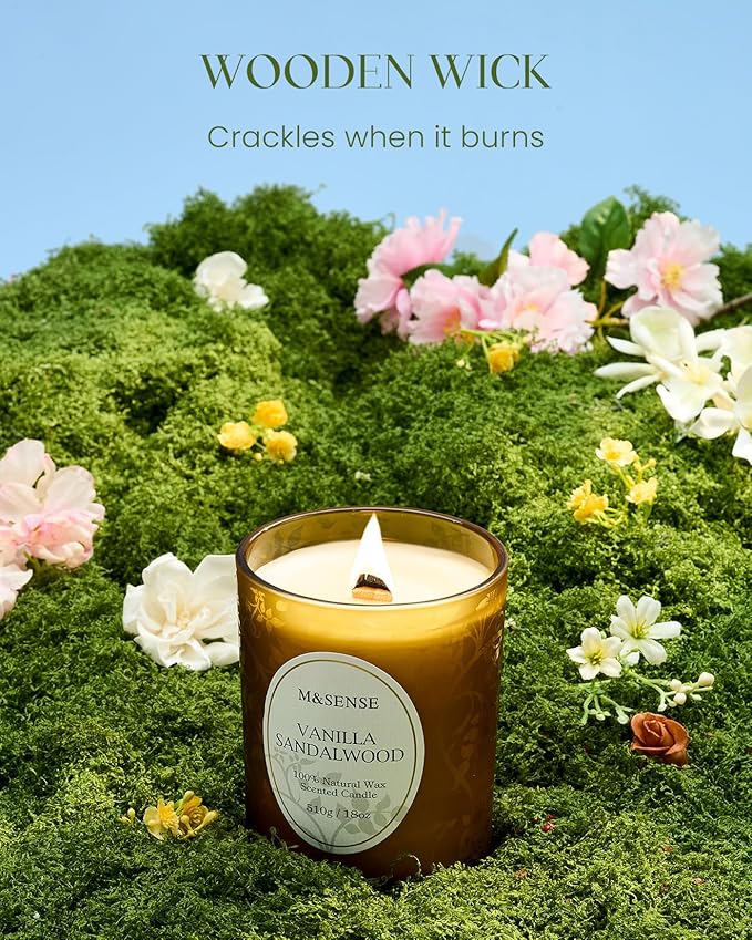 M&SENSE Vanilla Sandalwood Candle, Cracking Wooden Wick Soy Wax, 18oz 100 Hours Long Lasting Clean Burn, Large Jar Candles for Home Scented, Non-Toxic Relaxing Aromatherapy Gifts for Women