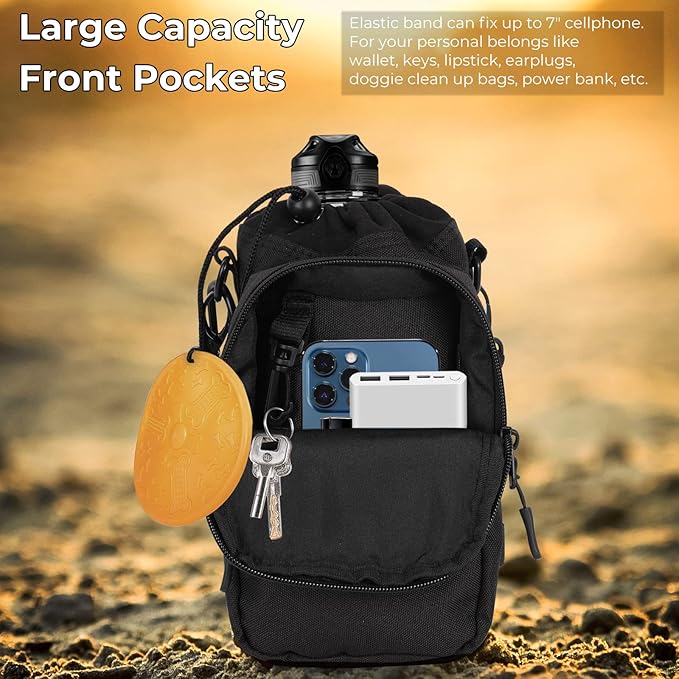 Nuovoware Water Bottle Carrier, 40oz Bottle Carrier Sports Insulated Water Bottle Holder with Adjustable Shoulder Strap, 2 Pockets Flask Sling Bag Drawstring Pouch for Climbing Hiking Walking